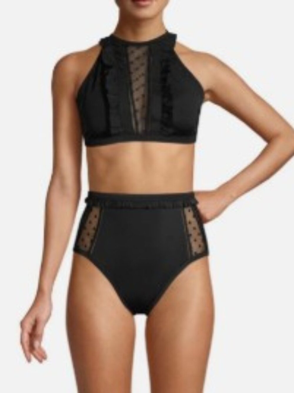 Time & Tru Brand Women's size Large/ Medium Black Ruffle Polka Dot Bikini Retro